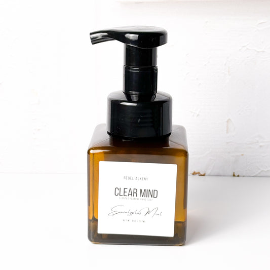 Bottle of 'Clear Mind' with a black pump on a white background