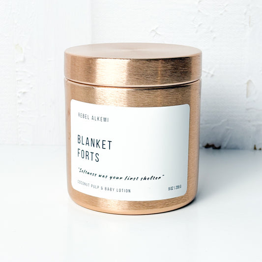Blanket forts wooden wick candle smells like coconut pulp and baby lotion on a white background 