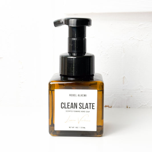 Bottle of Rebel Alkemi Clean Slate foaming hand soap on a white background