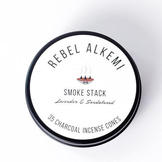 Rebel Alkemi Smoke Stack incense cones  lavender and sandalwood
packaging on a white background